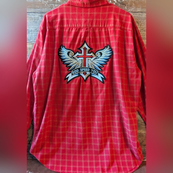 Upcycled Handcrafted Dip Dyed Bleached Red Plaid Button Down Shirt W God Speed - Picture 4 of 14